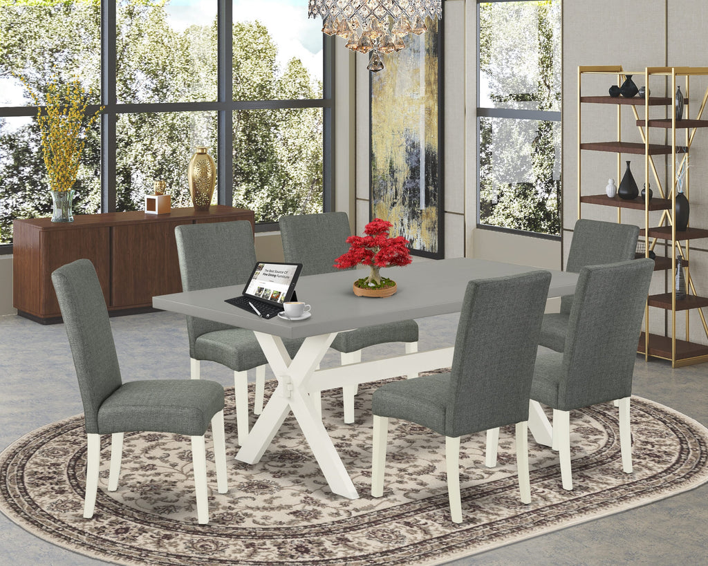 X097DA07Y-X 7-Piece Dining Ensemble with X-Leg Table and 6 Parson Gray Chairs, 40x72 Inch, Multicolor
