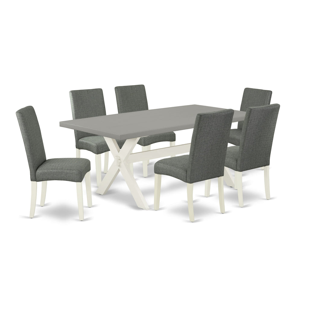X097DA07Y-X 7-Piece Dining Ensemble with X-Leg Table and 6 Parson Gray Chairs, 40x72 Inch, Multicolor