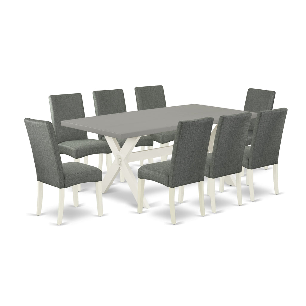 X097D2IM4-4 Elegant 9-Piece Dining Room Arrangement with Rectangular Table and X-Designed Legs, Complemented by 8 Plush Gray Linen Parson Seats, 40x72 Multi-Tone