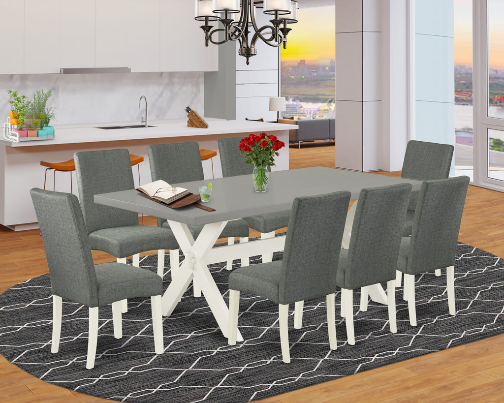 X097D2IM4-4 Elegant 9-Piece Dining Room Arrangement with Rectangular Table and X-Designed Legs, Complemented by 8 Plush Gray Linen Parson Seats, 40x72 Multi-Tone