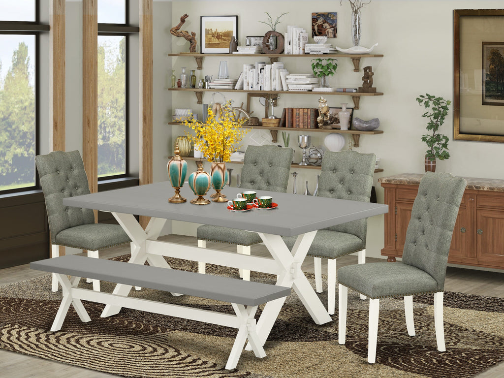 6-Piece Dining Ensemble X097E3UZM-M Rectangular Table with X-Legs, Grey Fabric Chairs & Bench