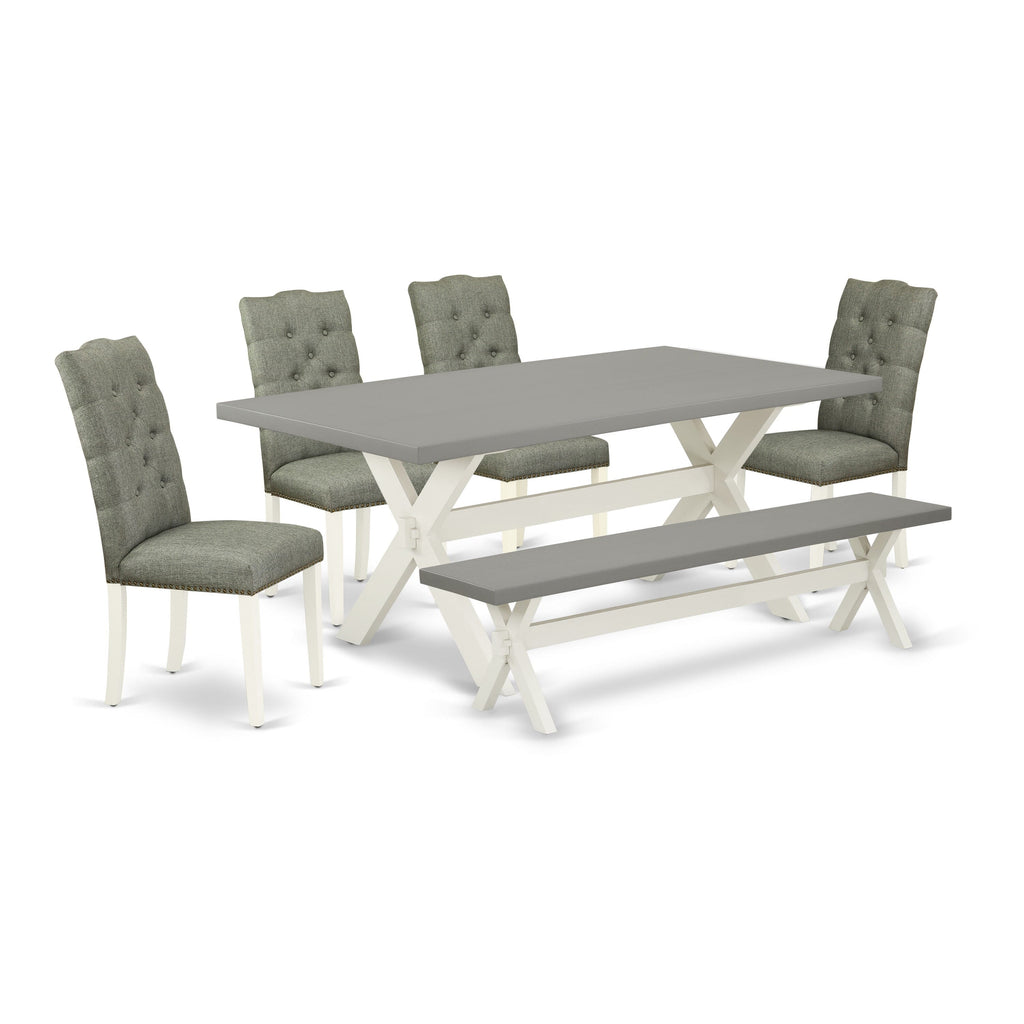 6-Piece Dining Ensemble X097E3UZM-M Rectangular Table with X-Legs, Grey Fabric Chairs & Bench