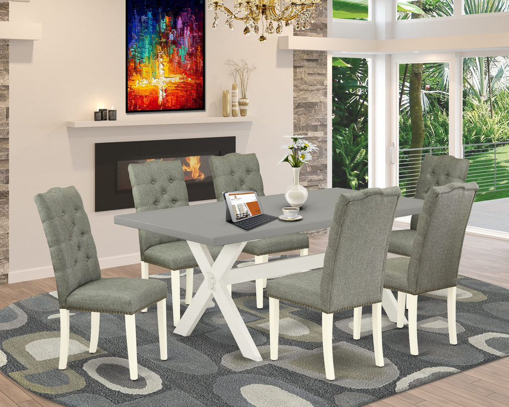 X097EW8XJ-B 7-Piece Dining Set with X-Legs & Gray Linen Chairs, 40x72 Rectangle Table