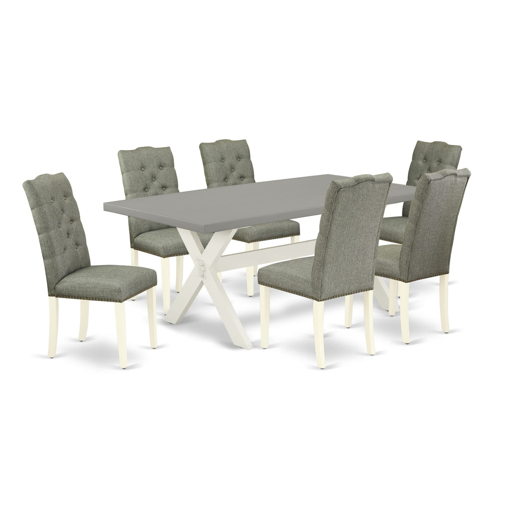 X097EW8XJ-B 7-Piece Dining Set with X-Legs & Gray Linen Chairs, 40x72 Rectangle Table