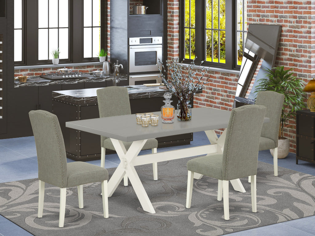 X097ELY6G-P 5 Piece Dining Set Rectangle Table with X-Style Legs & 4 Upholstered Chairs in Shitake Fabric, 40x72 Inch, Multi-Color