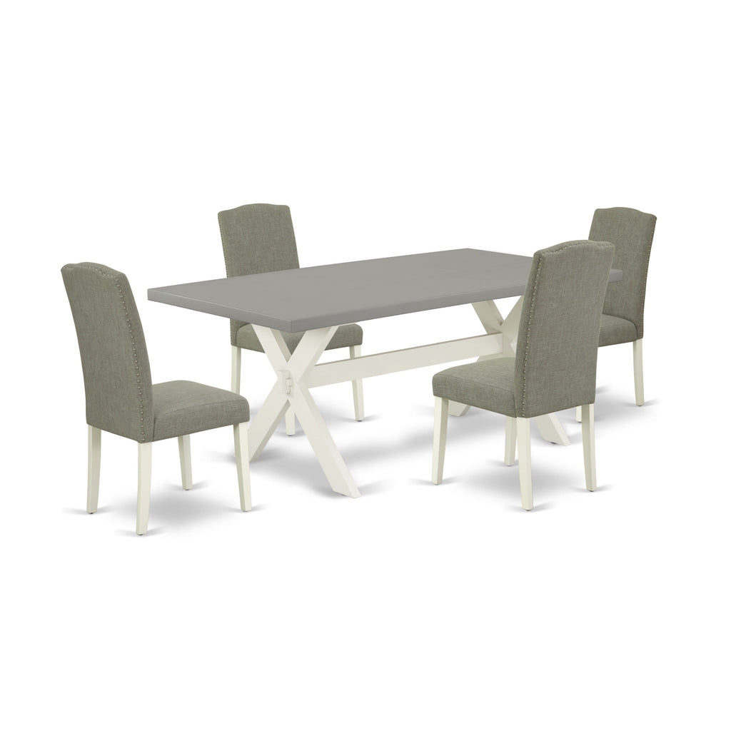 X097ELY6G-P 5 Piece Dining Set Rectangle Table with X-Style Legs & 4 Upholstered Chairs in Shitake Fabric, 40x72 Inch, Multi-Color