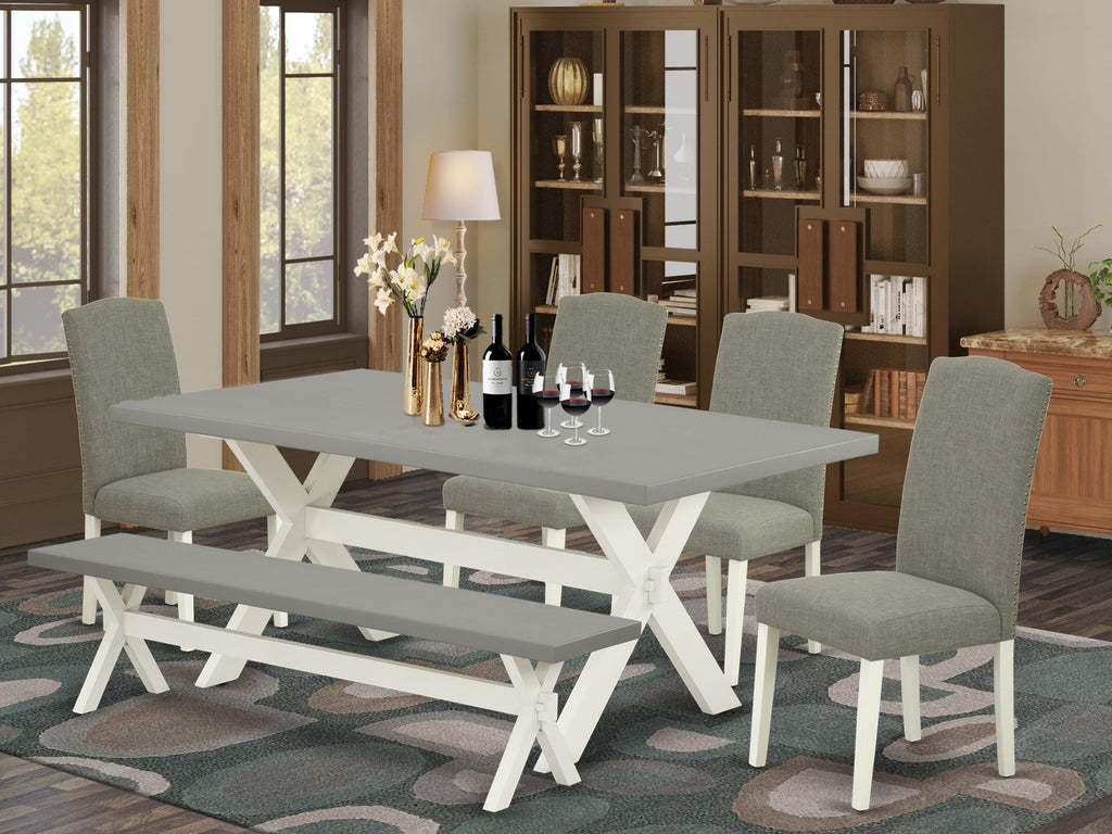 X097EWN7R-P 6-Piece Dining Ensemble – Stylish X-Leg Table with 4 Elegant Parson Chairs & Bench, 40x72, Multi