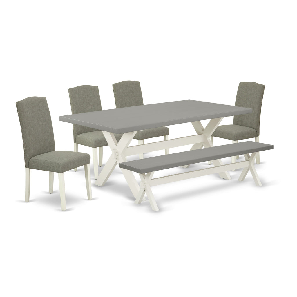 X097EWN7R-P 6-Piece Dining Ensemble – Stylish X-Leg Table with 4 Elegant Parson Chairs & Bench, 40x72, Multi
