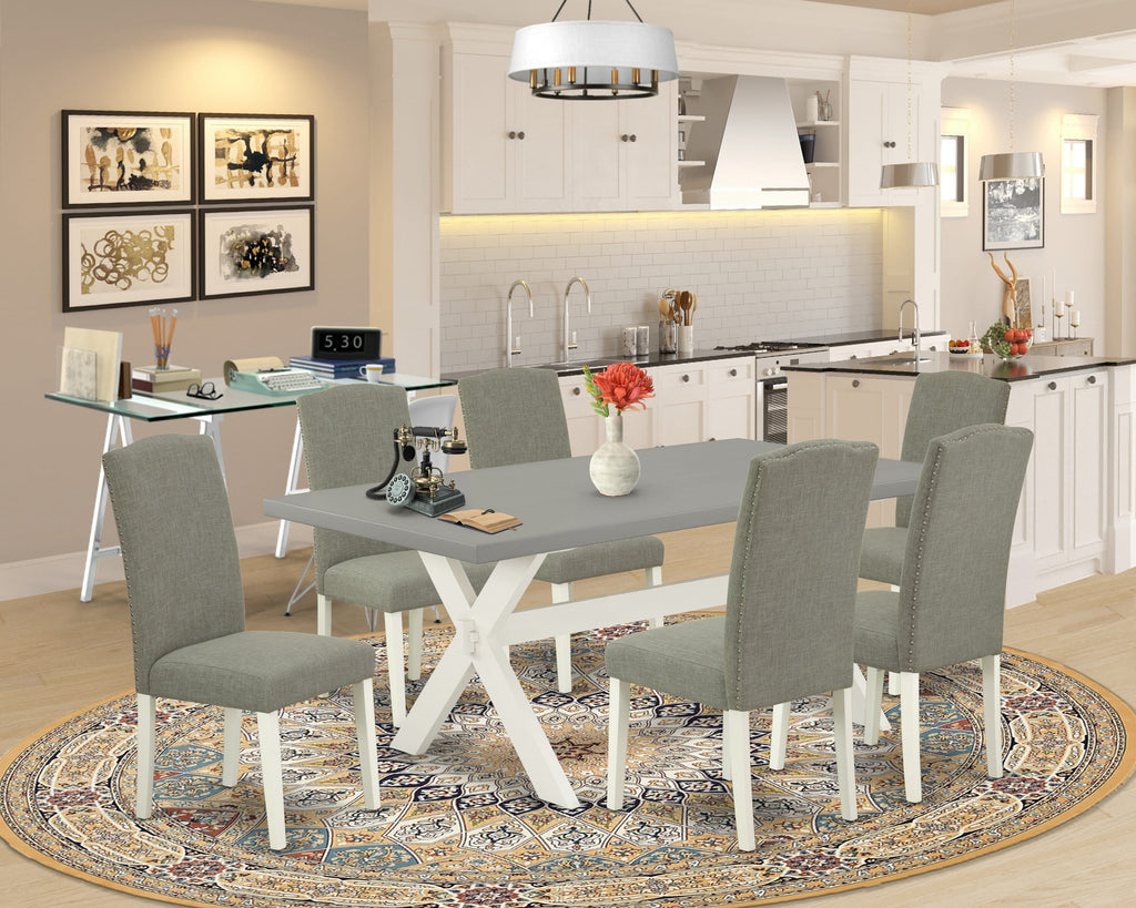 X097ERBRJ-S 7-Piece Dining Ensemble Featuring Rectangular Table with Cross-Legs and 6 Shitake Linen Fabric Chairs, Multi-Color, 40x72 Inch