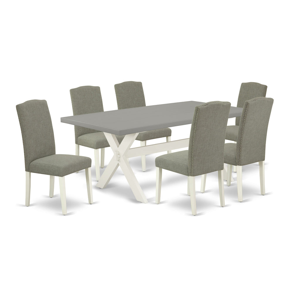 X097ERBRJ-S 7-Piece Dining Ensemble Featuring Rectangular Table with Cross-Legs and 6 Shitake Linen Fabric Chairs, Multi-Color, 40x72 Inch