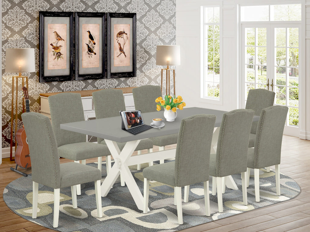 X097EHM4P-M Stylish 9-Piece Dining Set with Rectangle Table & 8 Parson Chairs in Shitake Fabric, Multi-Color, 40x72