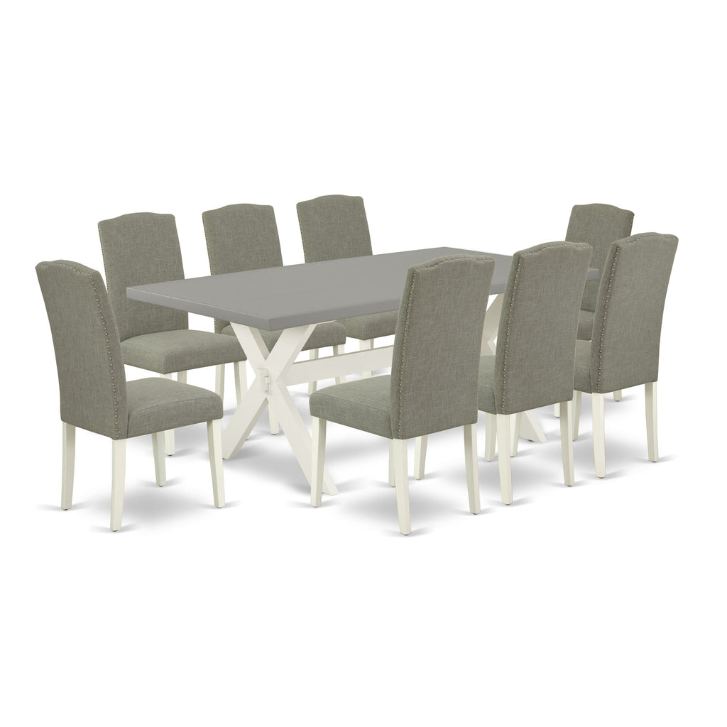 X097EHM4P-M Stylish 9-Piece Dining Set with Rectangle Table & 8 Parson Chairs in Shitake Fabric, Multi-Color, 40x72