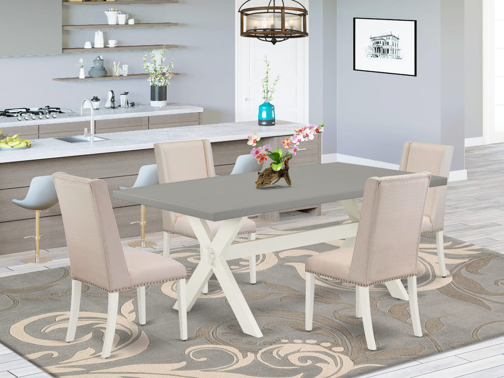 X097FPF9Z-C 5-Piece Set Rectangle Table with X-Legs and 4 Upholstered Cream Fabric Chairs, Multi-Color, 40x72