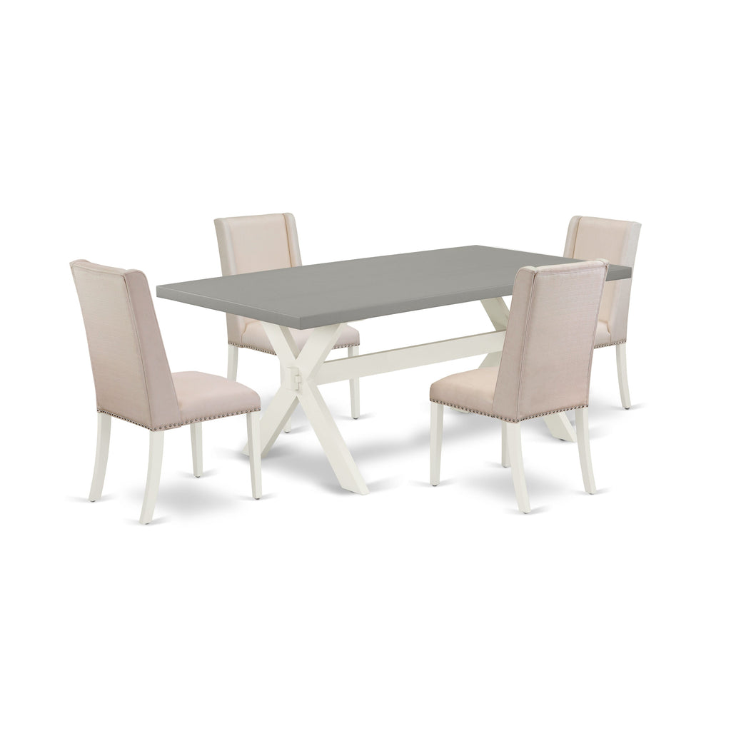 X097FPF9Z-C 5-Piece Set Rectangle Table with X-Legs and 4 Upholstered Cream Fabric Chairs, Multi-Color, 40x72