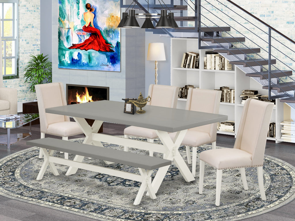 X097F9KQT-7 6-Piece Dining Set with Rectangular Table, X-Legs, Cream Chairs and Bench, Multi-Color, 40x72