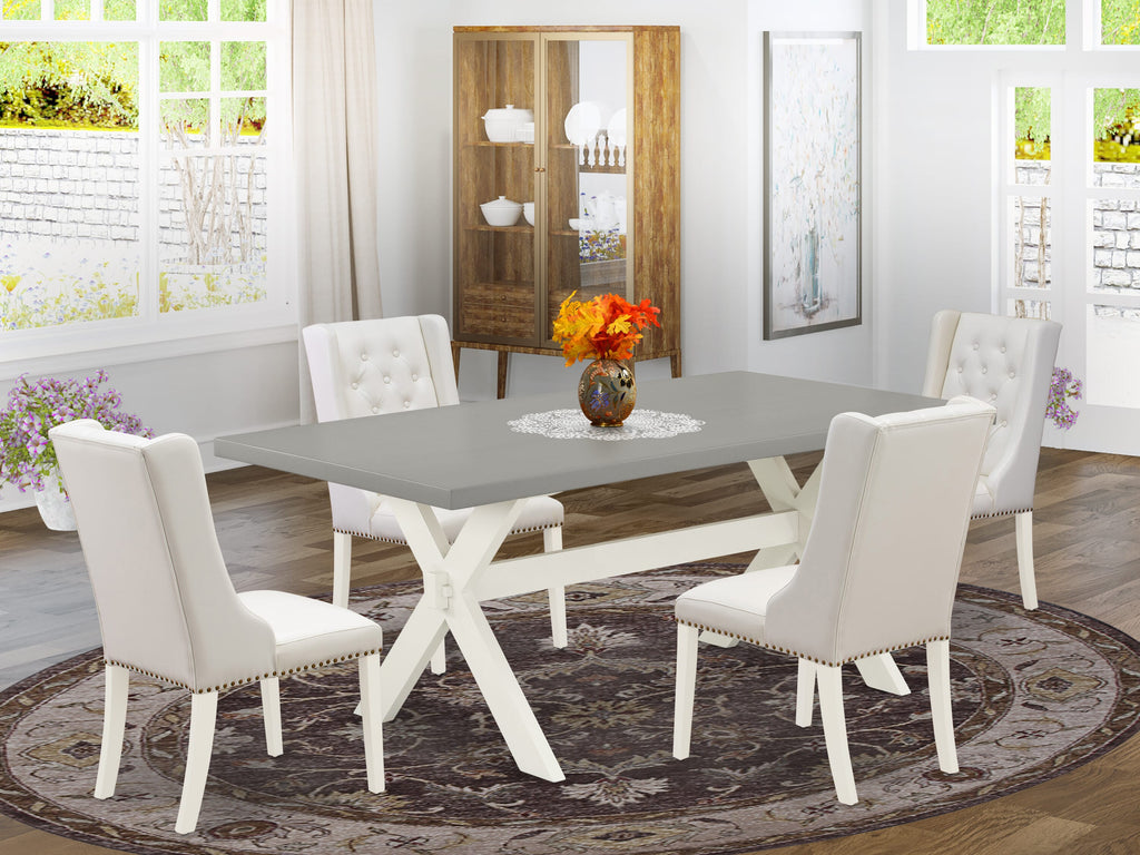 X097FQU3O-V 5-Piece Dining Ensemble Rectangle Table with X-Legs & 4 Light Grey Faux Leather Chairs