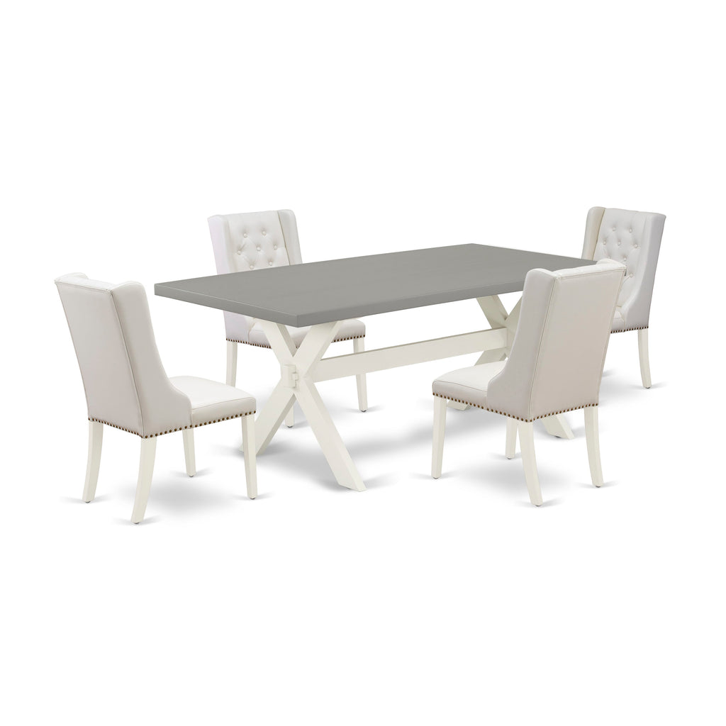 X097FQU3O-V 5-Piece Dining Ensemble Rectangle Table with X-Legs & 4 Light Grey Faux Leather Chairs
