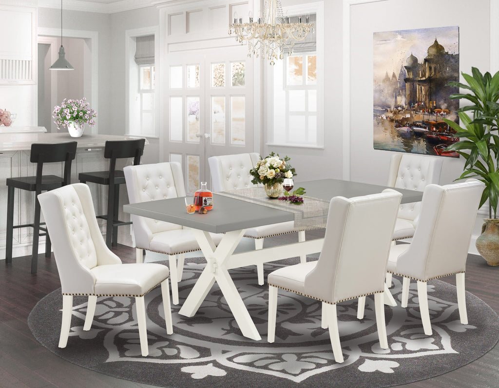 X097F0353-4 Stylish Dining Ensemble 7-Piece Rectangle Table with X-Legs & 6 Chic Light Grey Chairs, Multi-Color