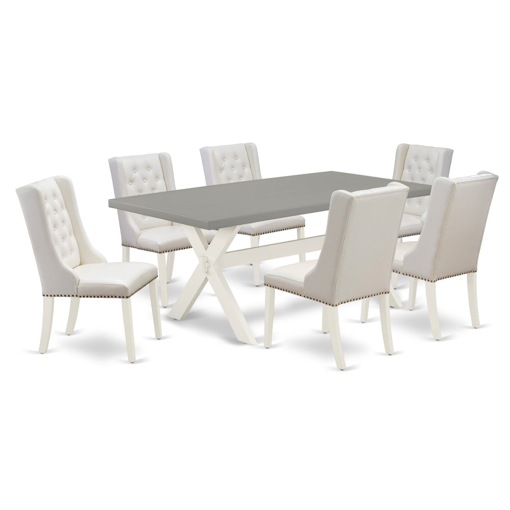 X097F0353-4 Stylish Dining Ensemble 7-Piece Rectangle Table with X-Legs & 6 Chic Light Grey Chairs, Multi-Color