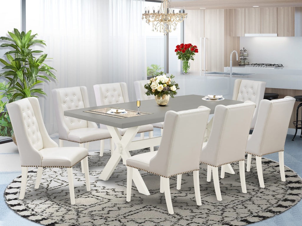 X097F6O7B-M Dining Ensemble Rectangular Table with X-Legs and 8 Light Grey Upholstered Chairs for Modern Spaces