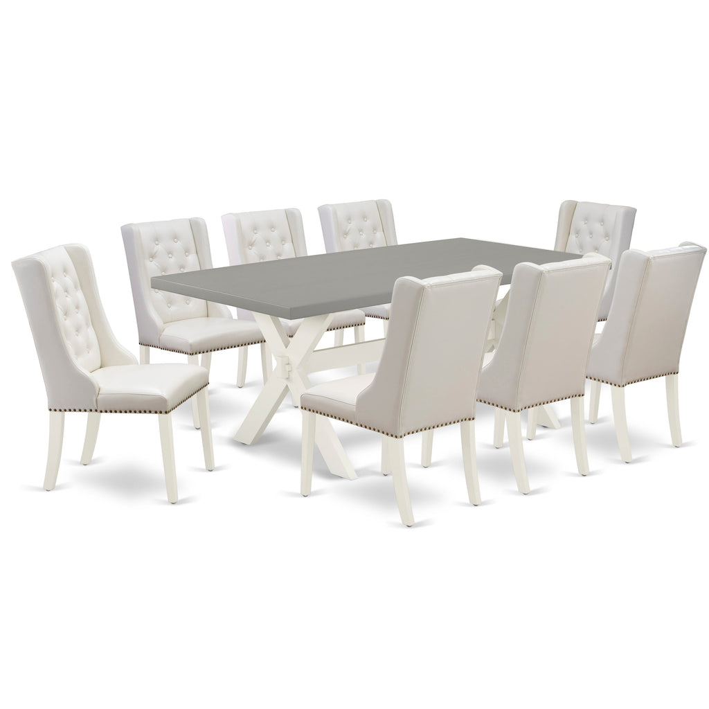 X097F6O7B-M Dining Ensemble Rectangular Table with X-Legs and 8 Light Grey Upholstered Chairs for Modern Spaces