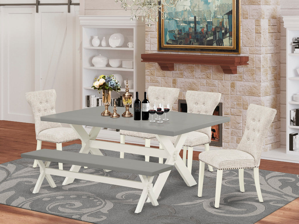 X097GN9SG-8 Ensemble Rectangle Dining Set with X-Leg Table, Bench & 4 Doeskin Parson Chairs, 72'' Multi-Color