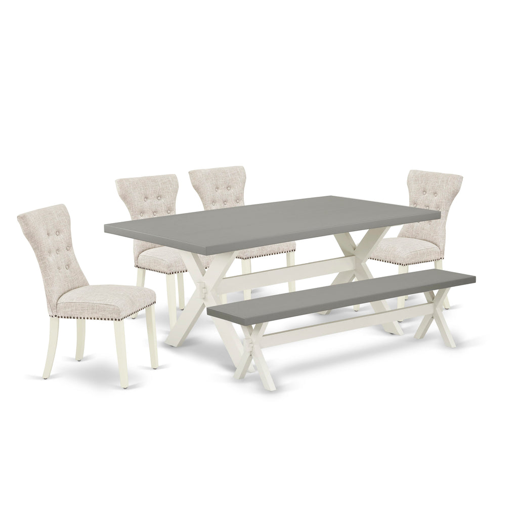 X097GN9SG-8 Ensemble Rectangle Dining Set with X-Leg Table, Bench & 4 Doeskin Parson Chairs, 72'' Multi-Color