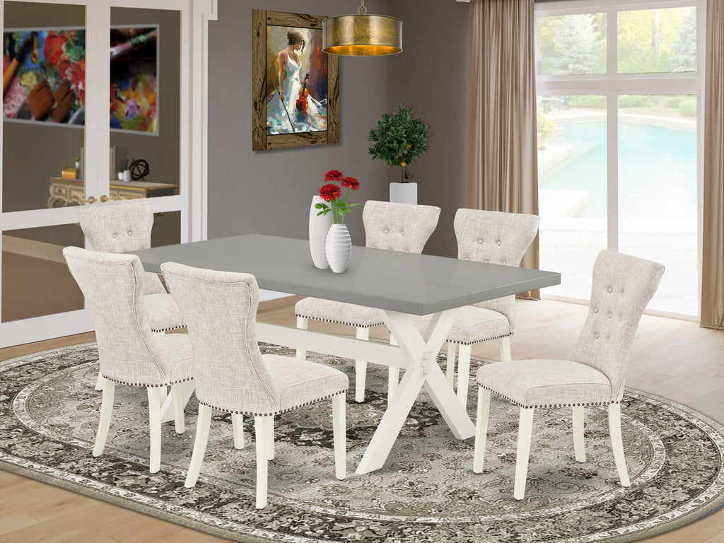 X097GNA7N-T Elegant 7-Piece Dining Collection Rectangular Table with X-Legs and 6 Paisley Fabric Chairs
