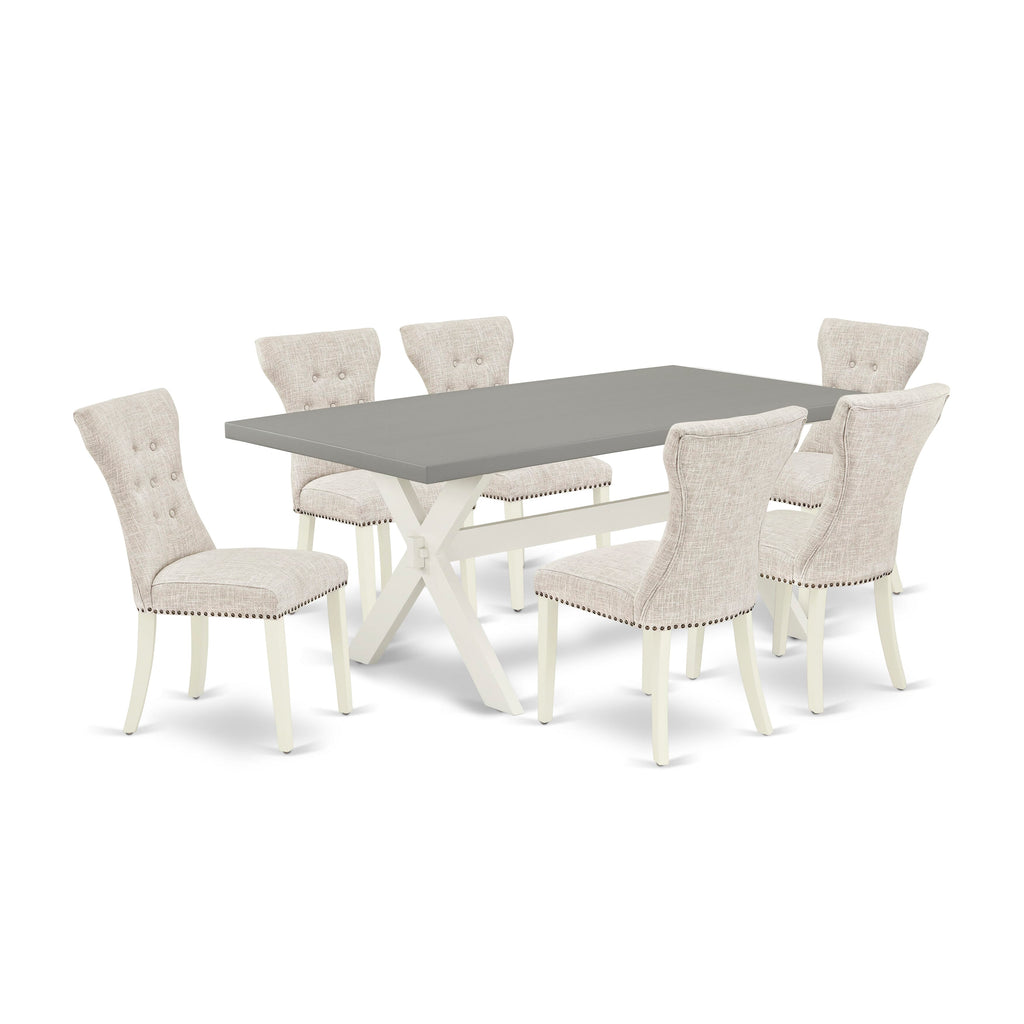 X097GNA7N-T Elegant 7-Piece Dining Collection Rectangular Table with X-Legs and 6 Paisley Fabric Chairs