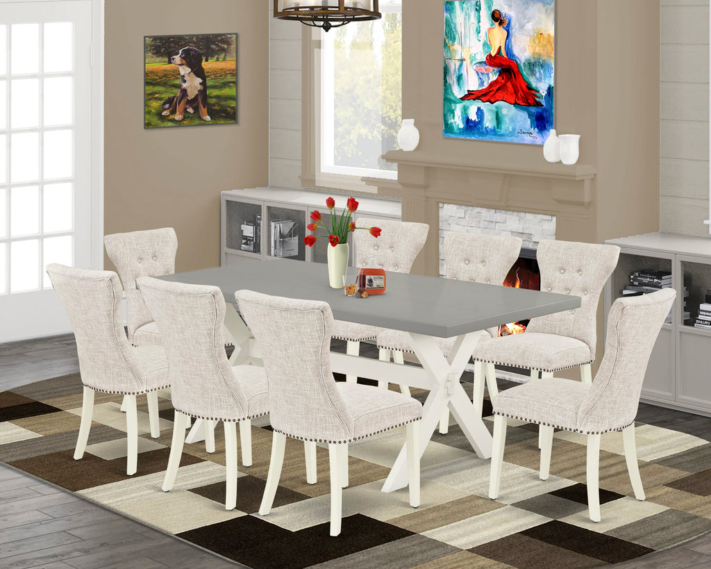 X097GJGLP-4 9-Piece Contemporary Table & Chair Ensemble with Doeklin Seats and Sturdy Wooden Base