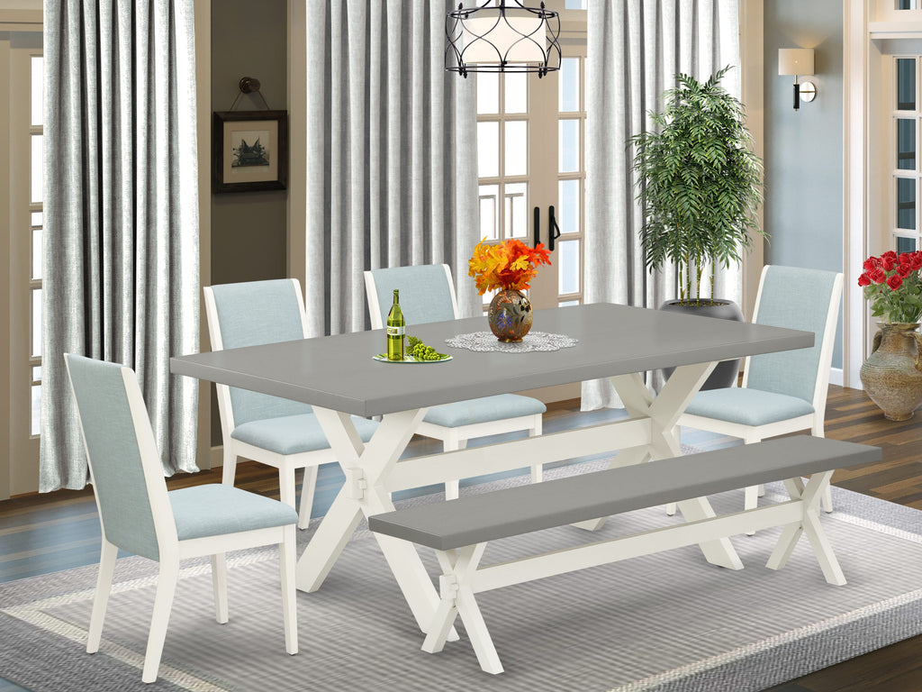 X097LYR6R-N 6 Piece Dining Ensemble Rectangle Table, X-Legs, Blue Upholstered Chairs, Bench Included
