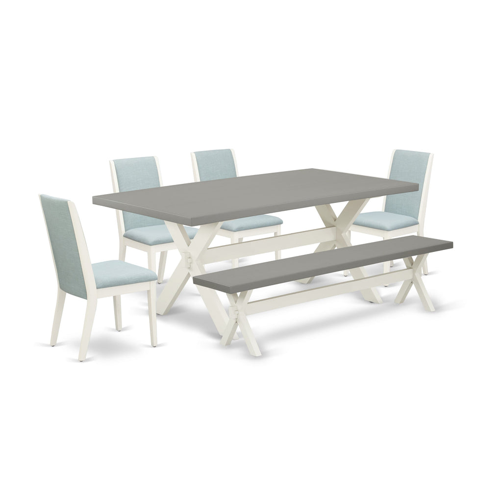 X097LYR6R-N 6 Piece Dining Ensemble Rectangle Table, X-Legs, Blue Upholstered Chairs, Bench Included