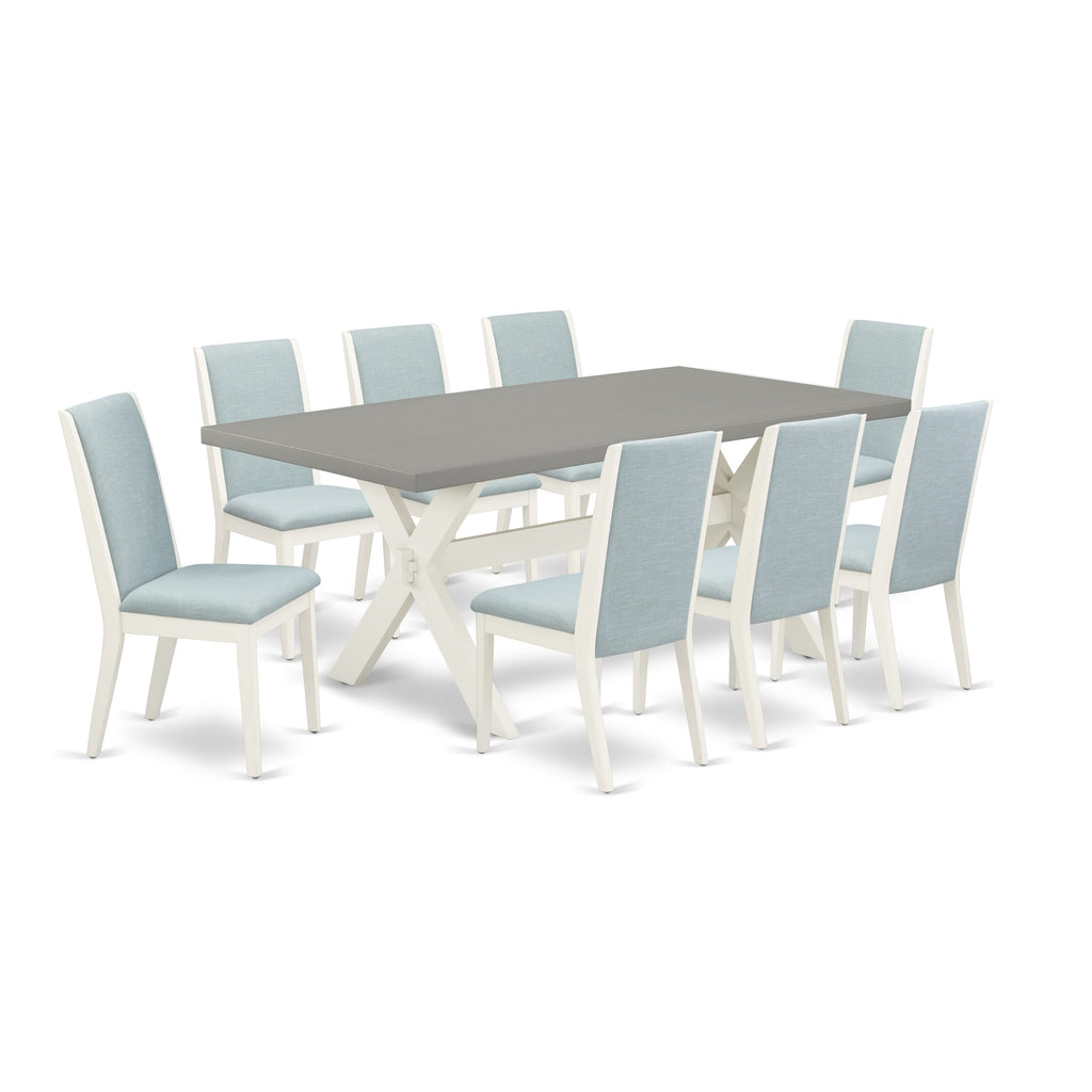 X097LZ29N-W 9-Seater Dining Ensemble with Rectangle Table & Baby Blue Chairs, 40x72 Inch