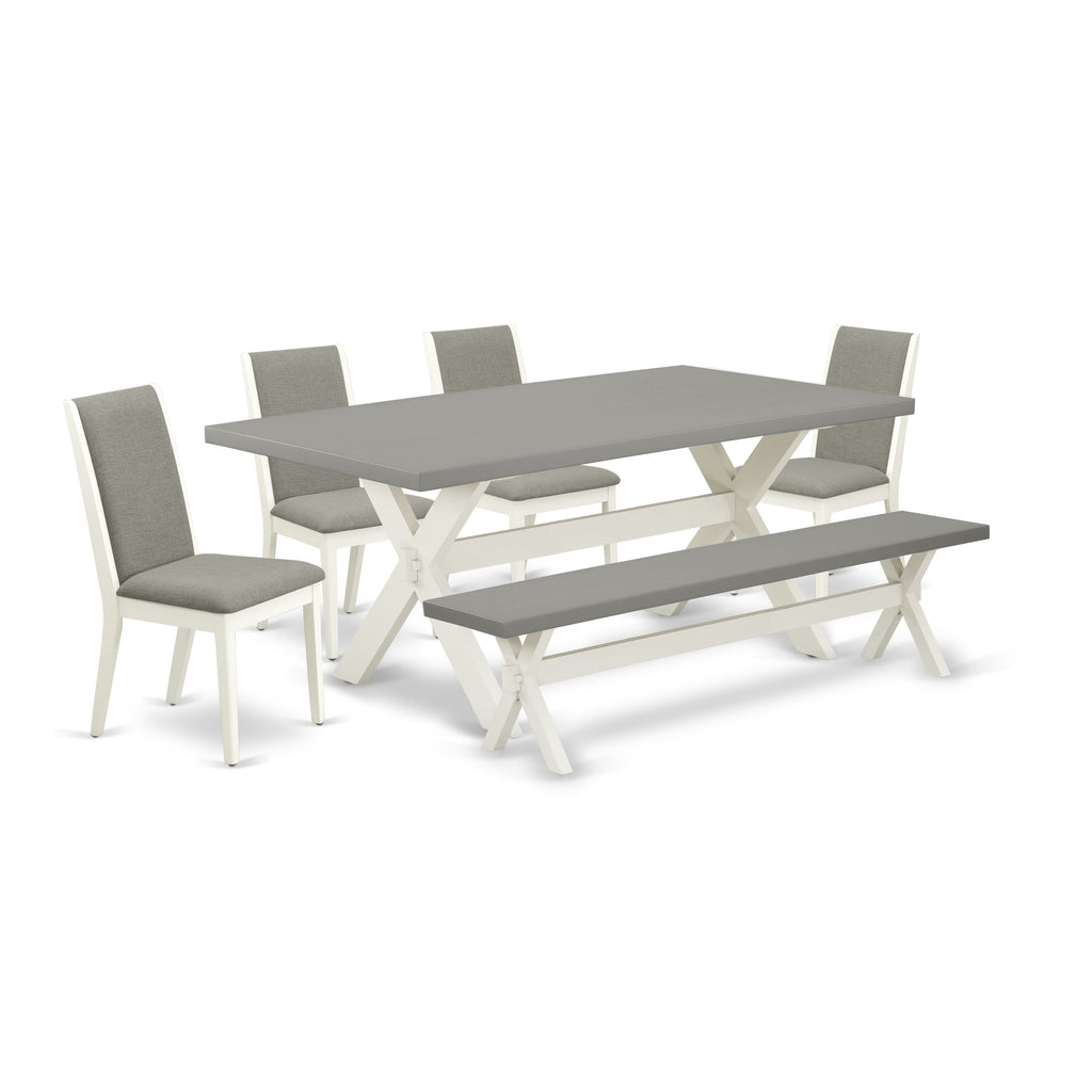 X097LPKMJ-Q 6-Piece Rectangular Dining Set with X-Leg Table, Shitake Linen Chairs & Bench - Multi-Color, 40x72 Inch