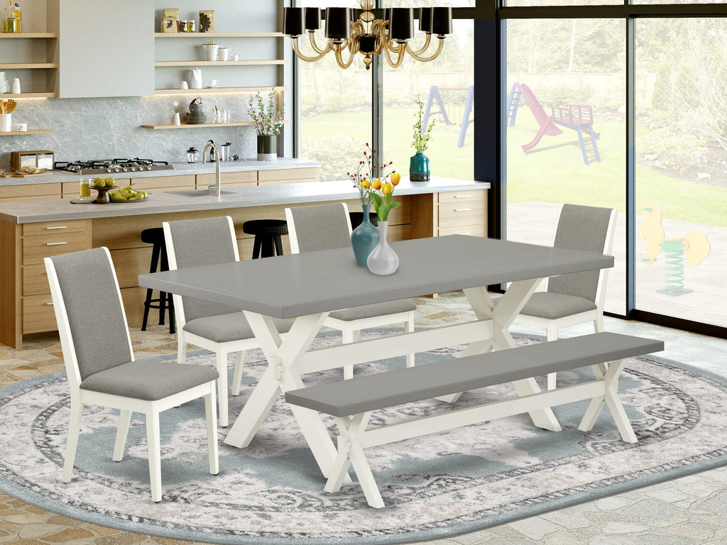 X097LPKMJ-Q 6-Piece Rectangular Dining Set with X-Leg Table, Shitake Linen Chairs & Bench - Multi-Color, 40x72 Inch