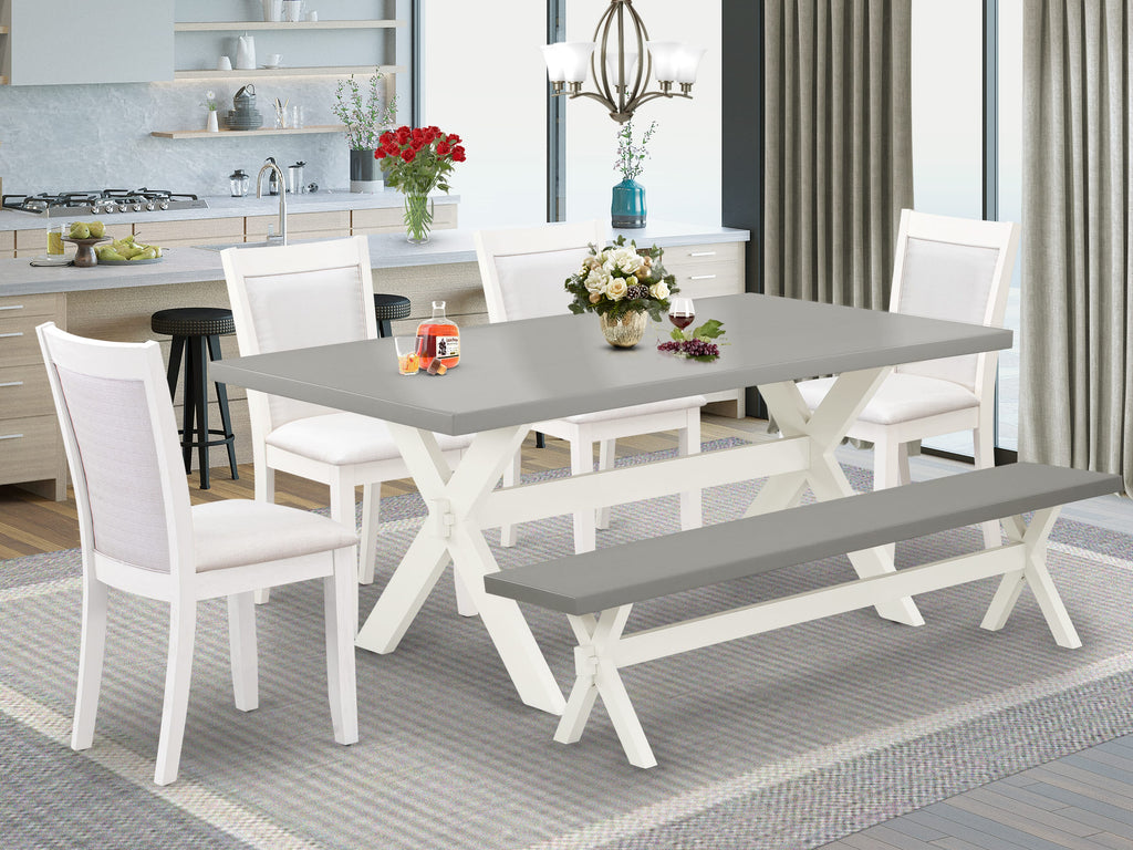X097MX1A3-A Dining Ensemble 6-Piece Set with Rectangular X-Leg Table, Cream Linen Chairs & Bench, 40x72 In, Multi-Color