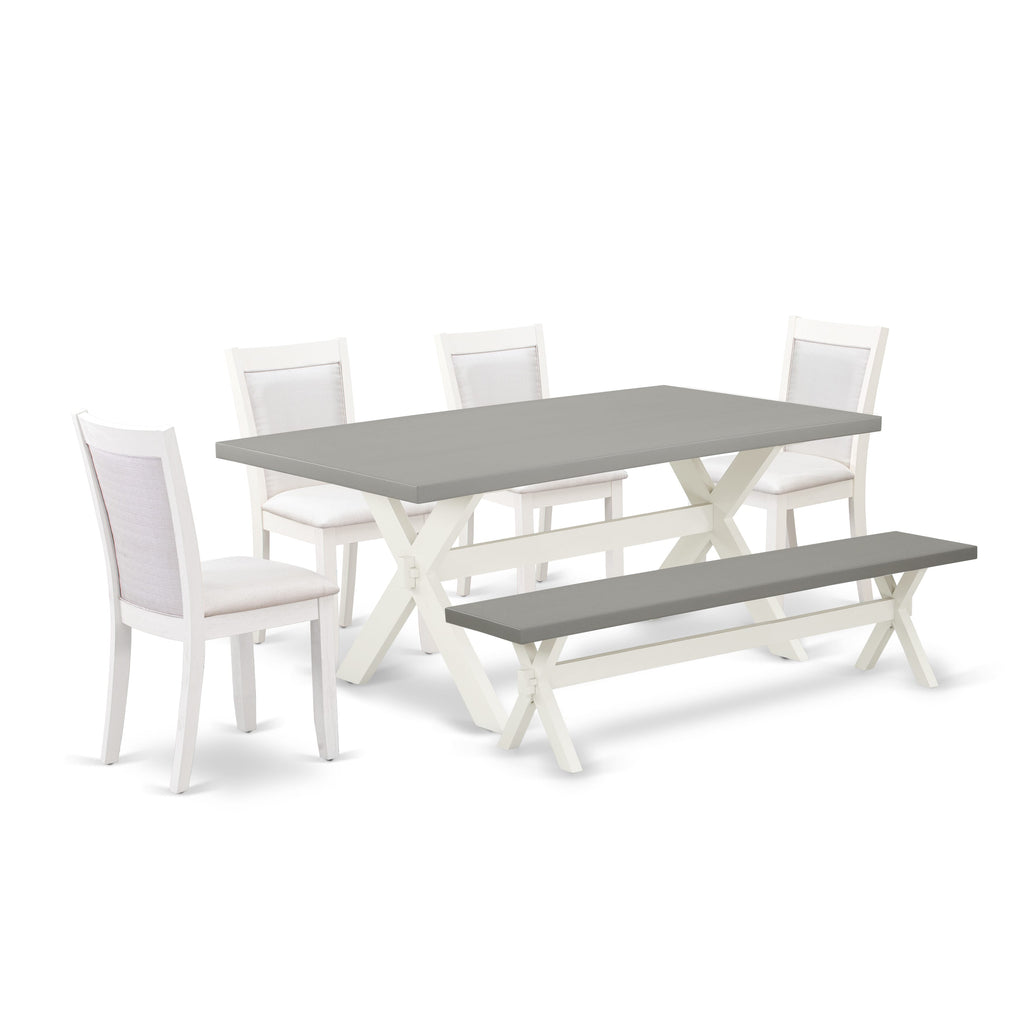 X097MX1A3-A Dining Ensemble 6-Piece Set with Rectangular X-Leg Table, Cream Linen Chairs & Bench, 40x72 In, Multi-Color