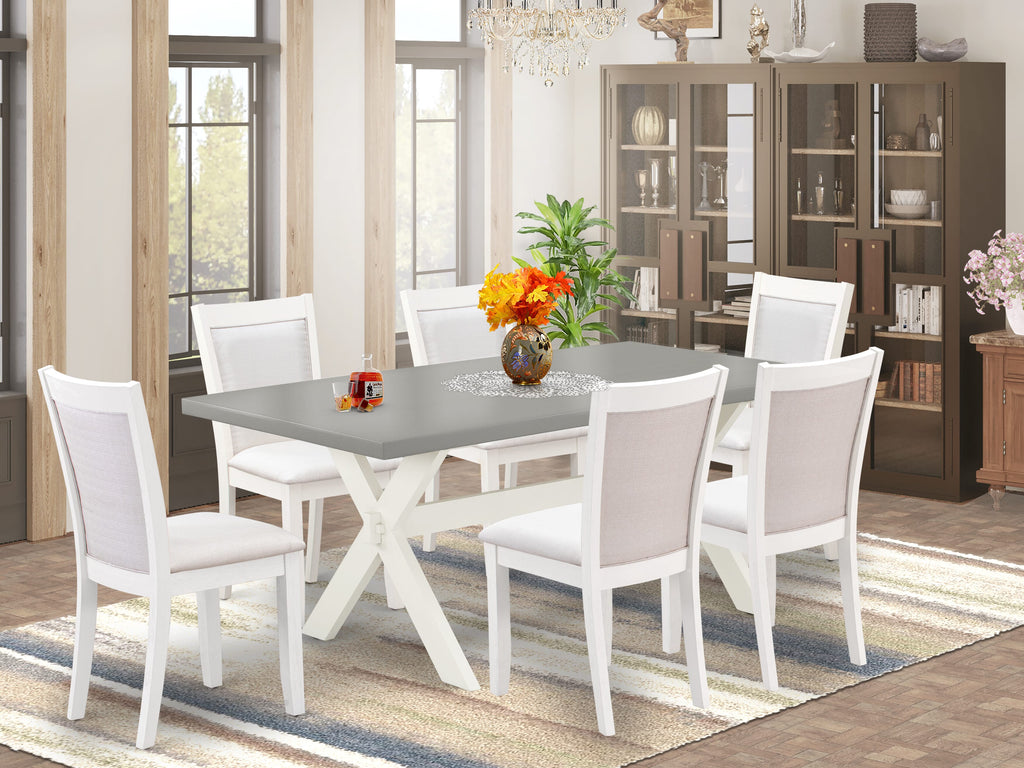 X097MQY87-G 7-Piece Stylish Dining Ensemble Rectangular Table with X-Legs & 6 Cream Fabric Chairs, 40x72