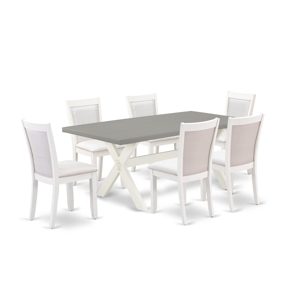 X097MQY87-G 7-Piece Stylish Dining Ensemble Rectangular Table with X-Legs & 6 Cream Fabric Chairs, 40x72