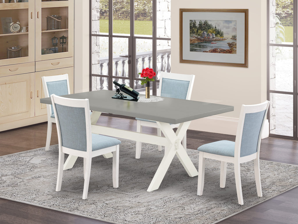 X097MF49N-S 5-Piece Dining Set Rectangular Table with X-Legs & 4 Blue Upholstered Fabric Chairs
