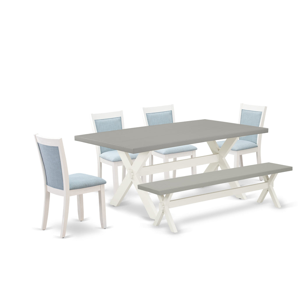 X097M1TAJ-R 6-Piece Dining Set Featuring Rectangle Table with X-Legs, 4 Linen Fabric Chairs in Baby Blue & Bench