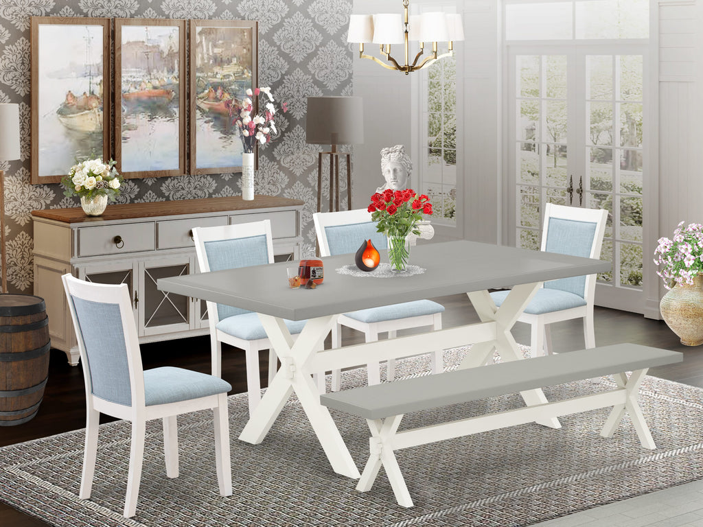 X097M1TAJ-R 6-Piece Dining Set Featuring Rectangle Table with X-Legs, 4 Linen Fabric Chairs in Baby Blue & Bench