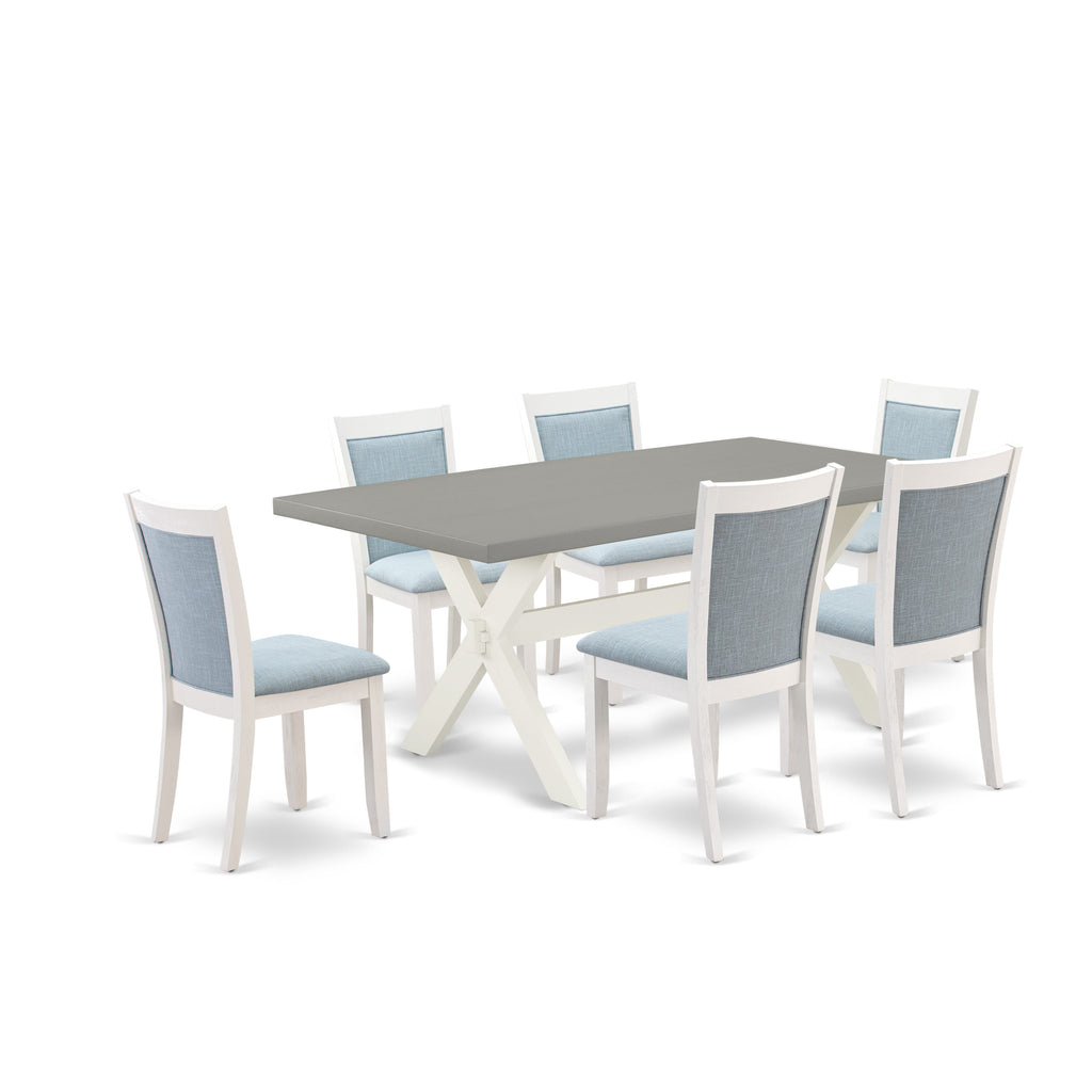X097MA514-4 7 Piece Dining Ensemble with Rectangular Table and X-Leg Design Plus 6 Baby Blue Fabric Chairs, 40x72 Multi