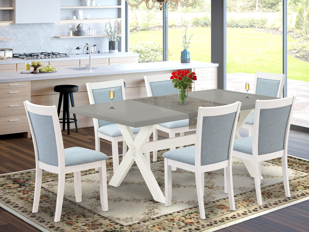 X097MA514-4 7 Piece Dining Ensemble with Rectangular Table and X-Leg Design Plus 6 Baby Blue Fabric Chairs, 40x72 Multi