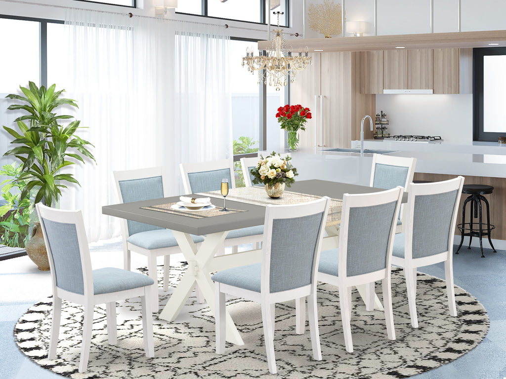 X097MXRUF-W 9-Piece Dining Ensemble Elegant Table with X Legs & 8 Blue Parsons Chairs, 40x72 Multi-Color