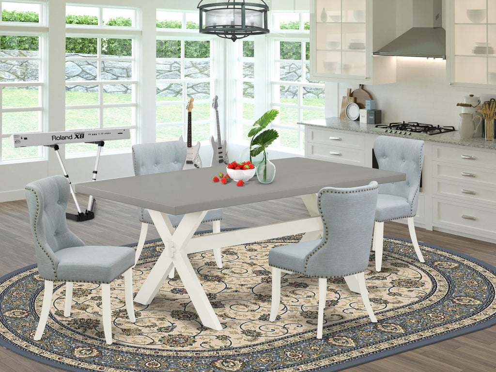 X097S4C11-7 Elegant 5-Piece Set Rectangle Table & 4 Blue Linen Parson Chairs with X-Legs, 40x72