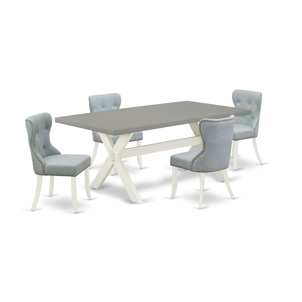 X097S4C11-7 Elegant 5-Piece Set Rectangle Table & 4 Blue Linen Parson Chairs with X-Legs, 40x72