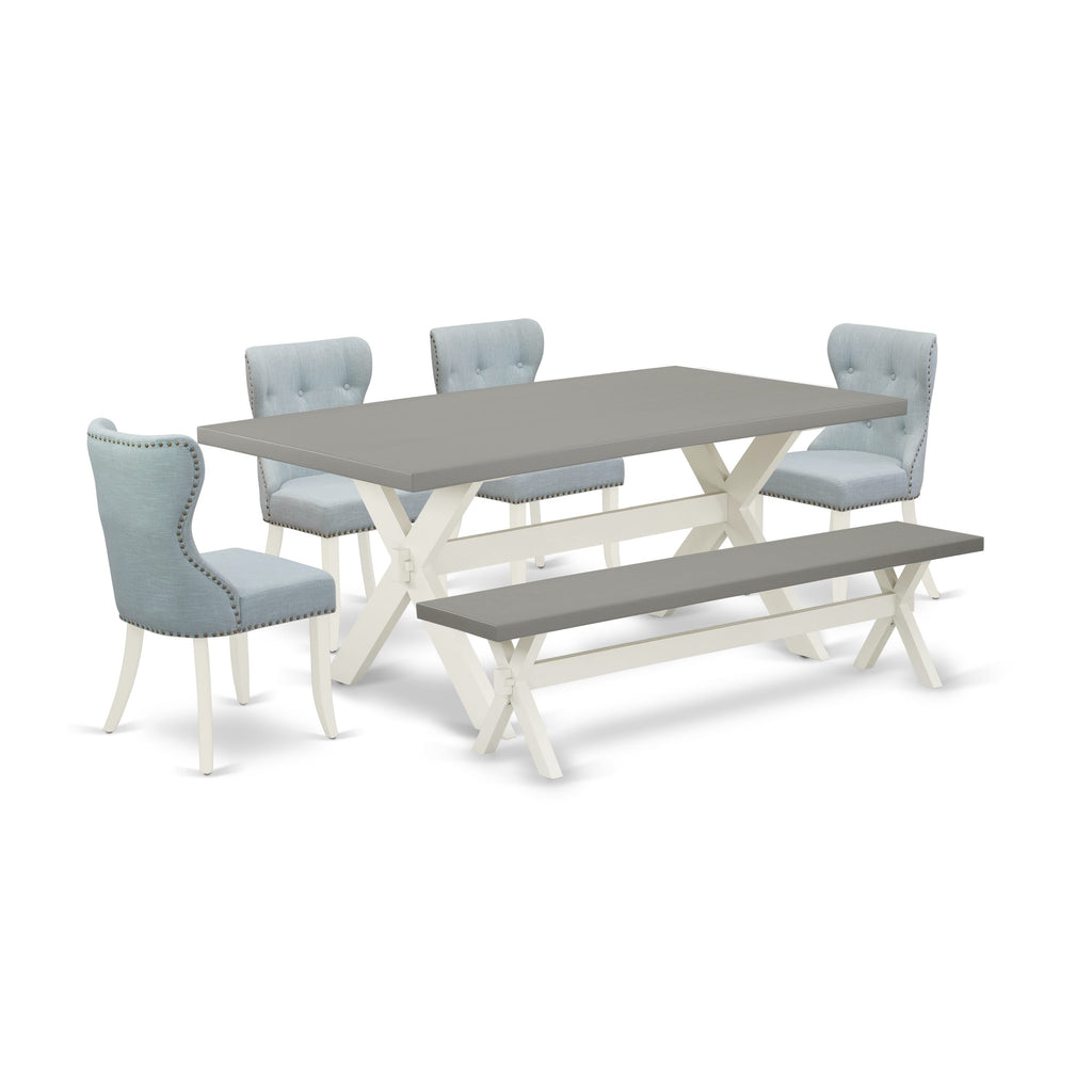 X097SBKSH-4 6-Piece Set Rectangular Dining Table with X-Legs, Linen Fabric Chairs & Bench Combo, Multi-Color Scheme