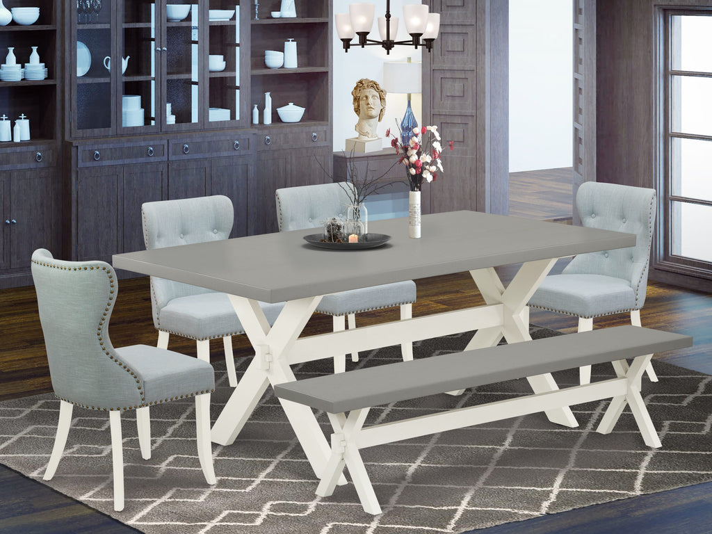 X097SBKSH-4 6-Piece Set Rectangular Dining Table with X-Legs, Linen Fabric Chairs & Bench Combo, Multi-Color Scheme