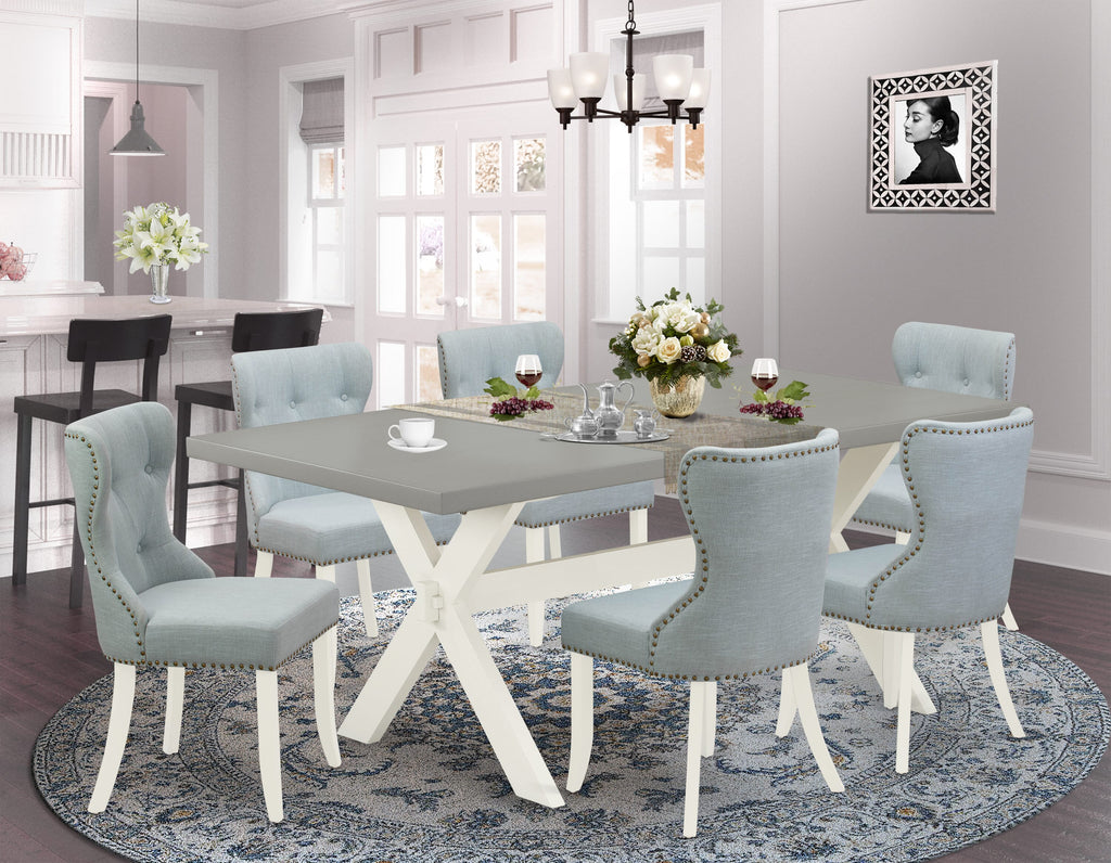 X097SIBGO-F Versatile 7 Piece Dining Set with 6 Baby Blue Chairs and 40x72 Inch Rectangular Table